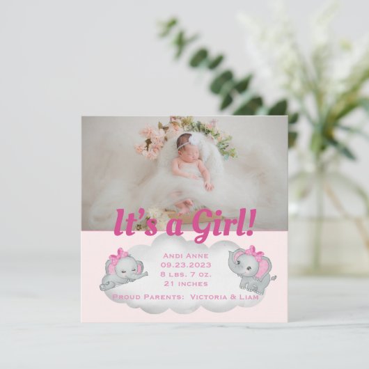 ゾウ女の子ピンクの写真の誕生のお知らせ (スタンド正面)