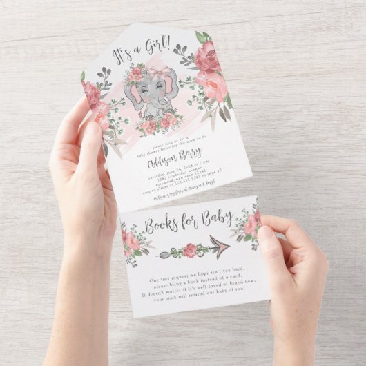 ゾウ女の子ピンクの赤ちゃんシャワー オールインワン招待状 (貼ってはがせる)