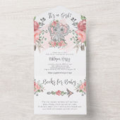 ゾウ女の子ピンクの赤ちゃんシャワー オールインワン招待状 (内側)