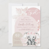 ゾウ女の子ボホフローラピンク赤ちゃんシャワー 招待状 (正面)