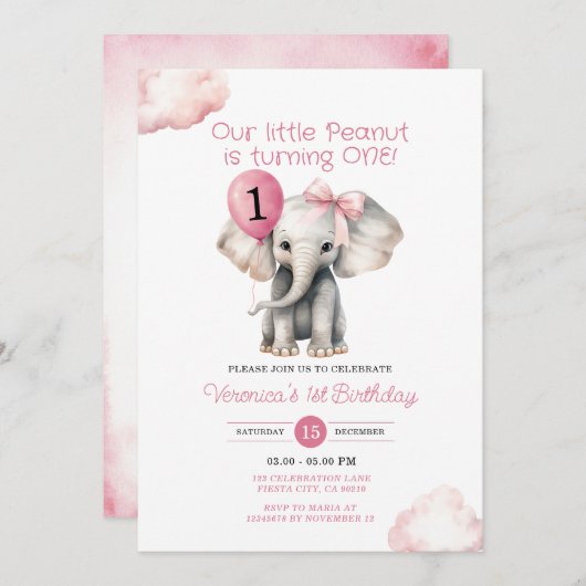 ゾウ小さなピーナッツが1歳の誕生日を迎える 招待状 (正面/裏面)