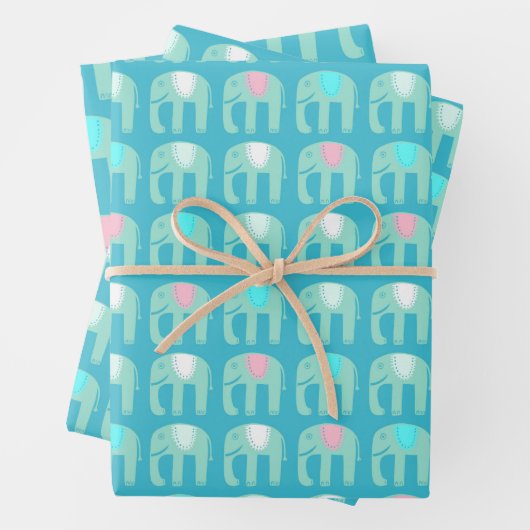 ゾウ柄かわいい明るいシンプルピンクアクアギフト ラッピングペーパーシート (インサイチュ)
