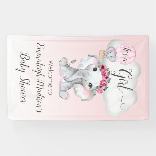 ゾウ熱い気球ベビーシャワー女の子 横断幕 (横)