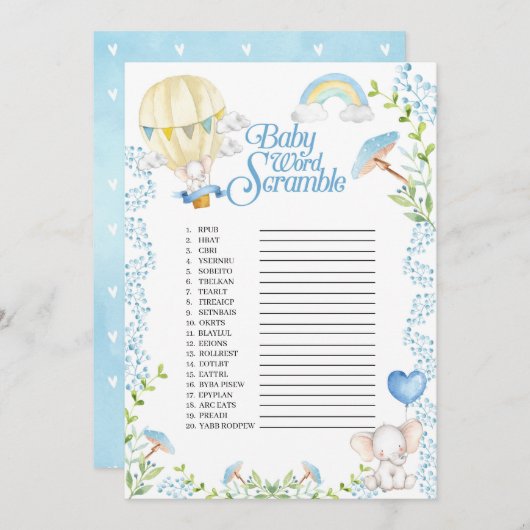 ゾウ熱気球ベビー単語スクランブルゲーム 招待状 (正面/裏面)
