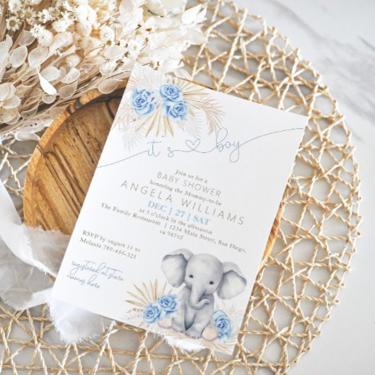 ゾウ男の子サファリのボホフローラ赤ちゃんシャワー 招待状