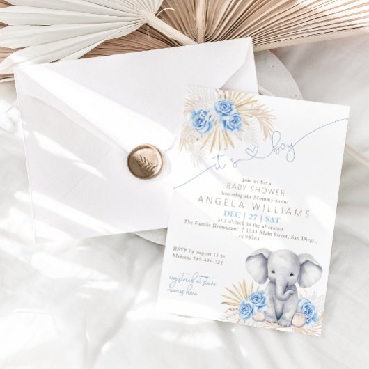 ゾウ男の子サファリのボホフローラ赤ちゃんシャワー 招待状