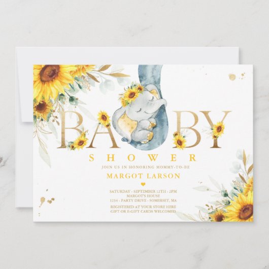 ゾウ男女兼用ヒマワリ赤ちゃんシャワー 招待状 (正面)