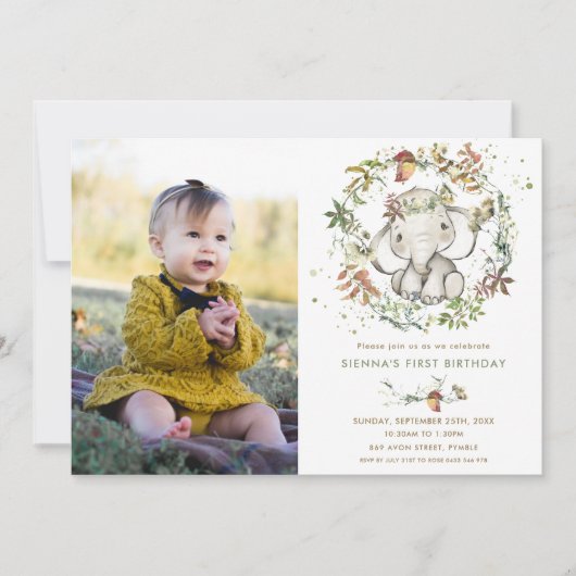 ゾウ秋秋男女兼用誕生日写真 招待状 (正面)