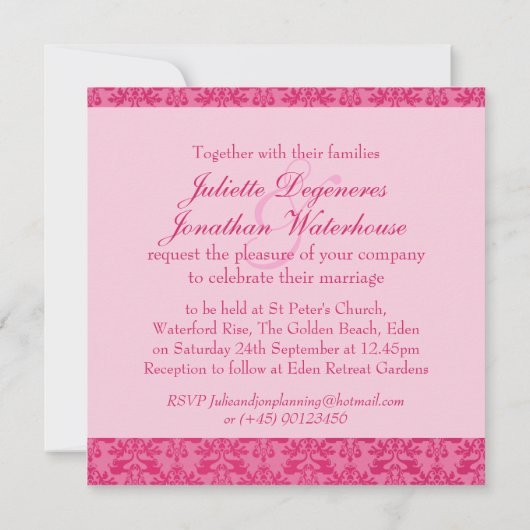 ゾウ結婚ダマスクピンク 招待状 (裏面)