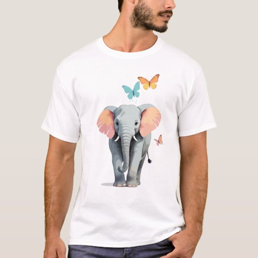 ゾウ絵を描ベクター愛らしいおもしろい遊動物 Tシャツ (正面)