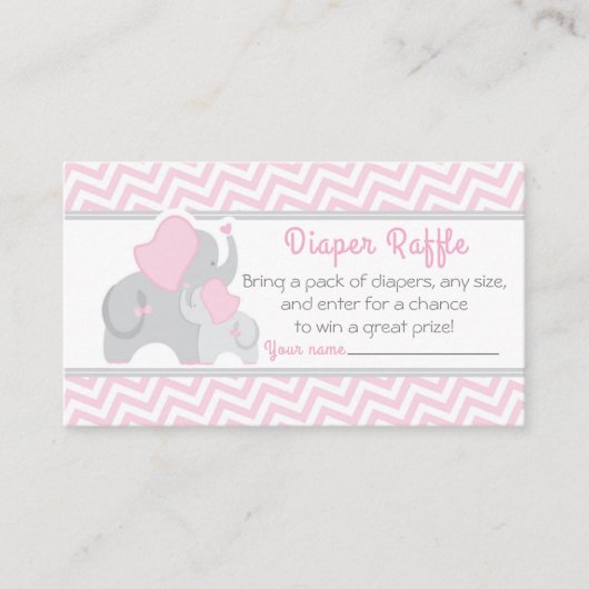 ゾウ赤ちゃんシャワーおむつラッフルチケットピンク エンクロージャーカード (正面)