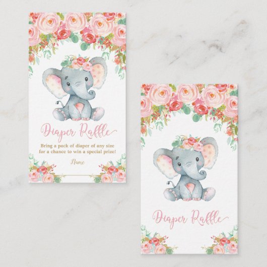 ゾウ赤ちゃんシャワーおむつラッフルベビーガール エンクロージャーカード (正面/裏面)