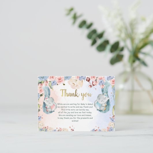 ゾウ赤ちゃんシャワーサンキューカード、ジェンダー表示 エンクロージャーカード (スタンド正面)