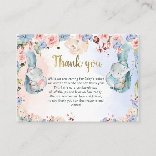 ゾウ赤ちゃんシャワーサンキューカード、ジェンダー表示 エンクロージャーカード (正面)