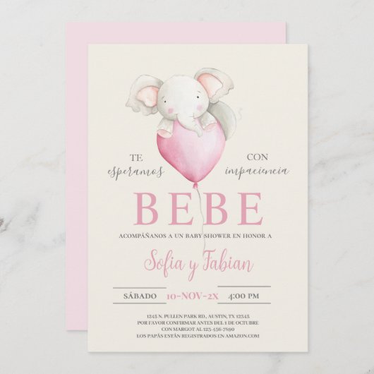 ゾウ赤ちゃんシャワースペインの招待状 招待状 (正面/裏面)