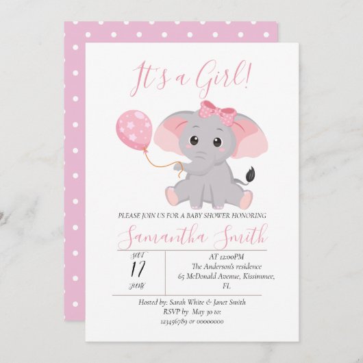 ゾウ赤ちゃんシャワーピンク風船 招待状 (正面/裏面)