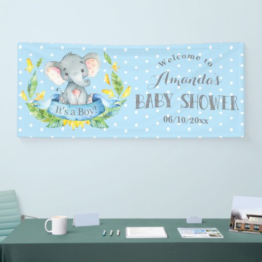 ゾウ赤ちゃんシャワーブルーとグレーバナー 横断幕 (トレードショー)