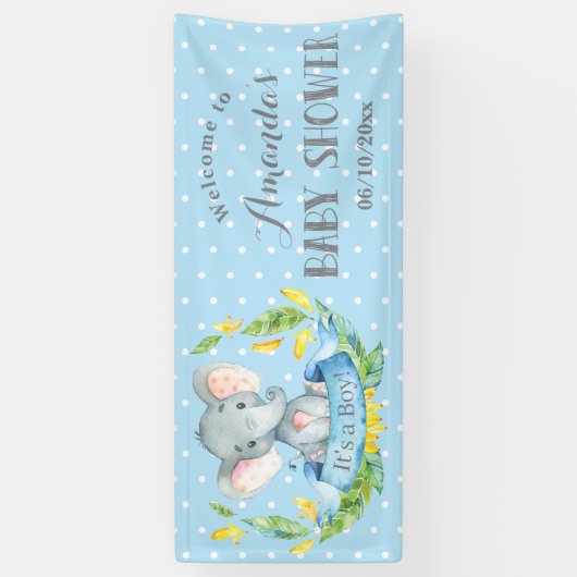 ゾウ赤ちゃんシャワーブルーとグレーバナー 横断幕 (縦)