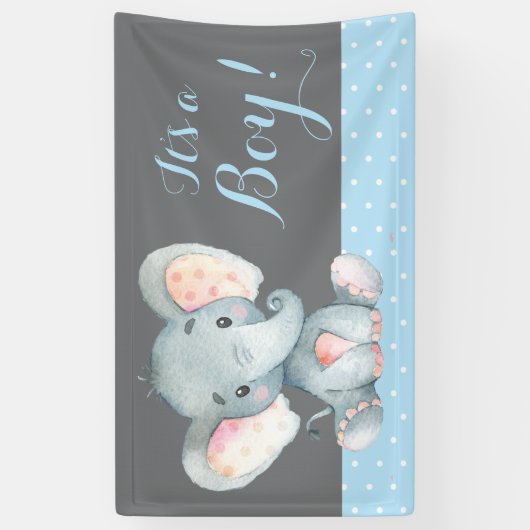 ゾウ赤ちゃんシャワーブルーとグレーバナー 横断幕 (縦)