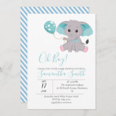 ゾウ赤ちゃんシャワーブルーバルーン招待状 招待状 (正面/裏面)
