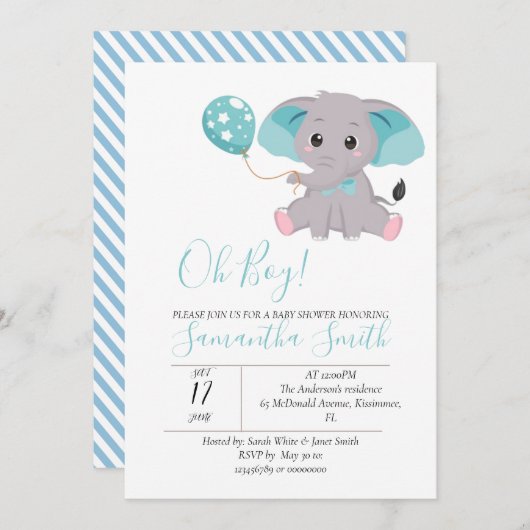 ゾウ赤ちゃんシャワーブルーバルーン招待状 招待状 (正面/裏面)