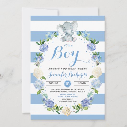 ゾウ赤ちゃんシャワー招待状男の子ベイビーシャワー 招待状 (正面)