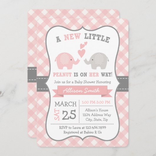 ゾウ赤ちゃんシャワー招待状、ゾウちゃんシャワー 招待状 (正面/裏面)