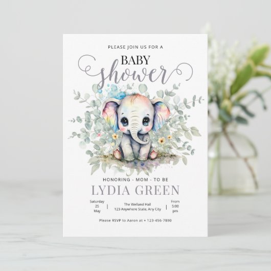 ゾウ赤ちゃんシャワー緑の男の子のシャワー 招待状 (スタンド正面)