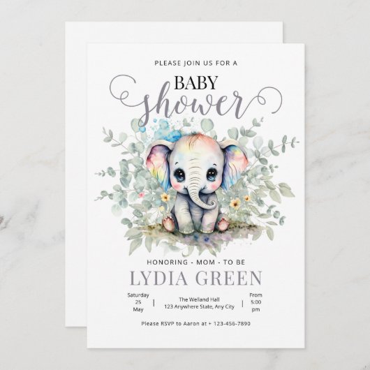 ゾウ赤ちゃんシャワー緑の男の子のシャワー 招待状 (正面/裏面)