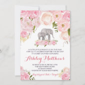 ゾウ赤ちゃんシャワー、ピンクフローラ 招待状 (正面)
