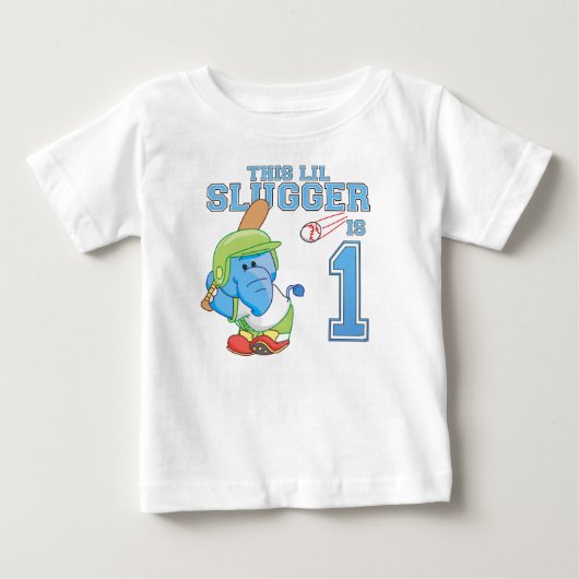 ゾウ野球1歳の誕生日 ベビーTシャツ (正面)