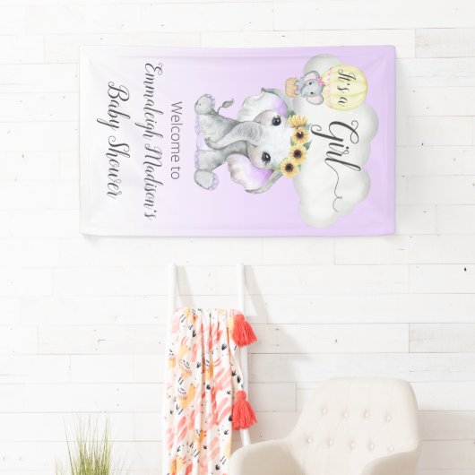 ゾウ風船パープル赤ちゃんシャワー女の子 横断幕 (インサイチュ)