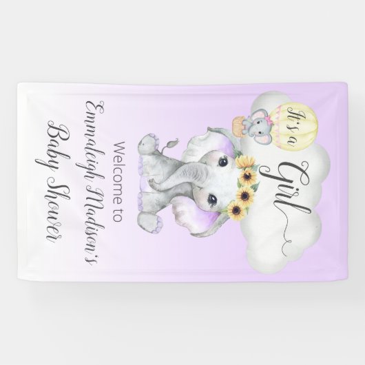 ゾウ風船パープル赤ちゃんシャワー女の子 横断幕 (横)