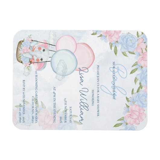 ゾウ風船ピンクフローラベビーシャワー招待状 マグネット (横)