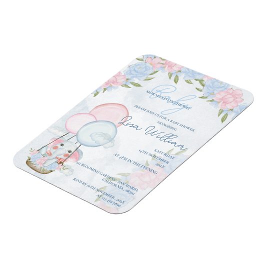 ゾウ風船ピンクフローラベビーシャワー招待状 マグネット (左側)