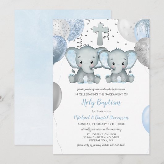ゾウ風船水彩洗礼 招待状 (正面/裏面)