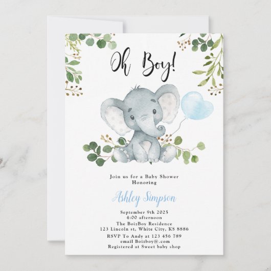 ゾウ風船Oh男の子の赤ちゃんシャワー 招待状 (正面)