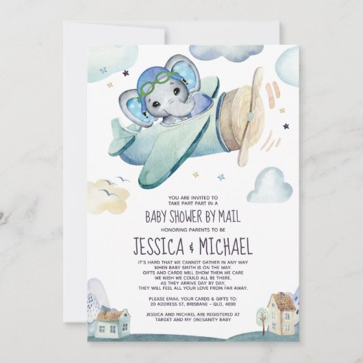 ゾウ飛行機 |メールによるベビーシャワー招待状 招待状 (正面)