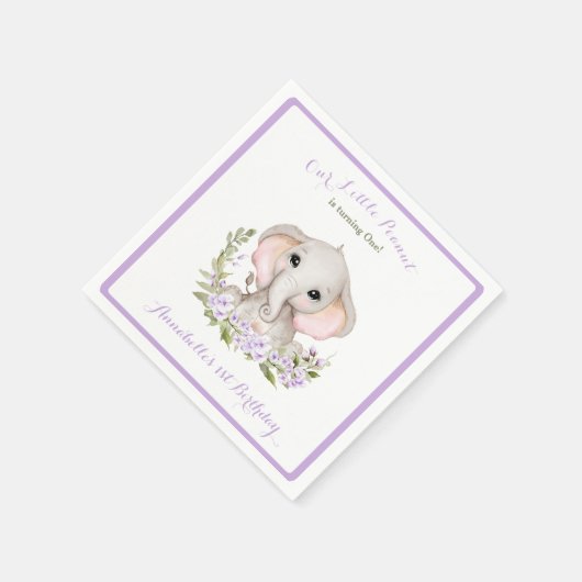 ゾウ1歳の誕生日ガールカスタムエージパープル スタンダードカクテルナプキン (角)