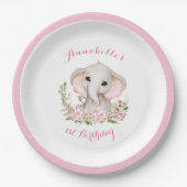 ゾウ1歳の誕生日ガールカスタムエージピンク春 ペーパープレート (正面)