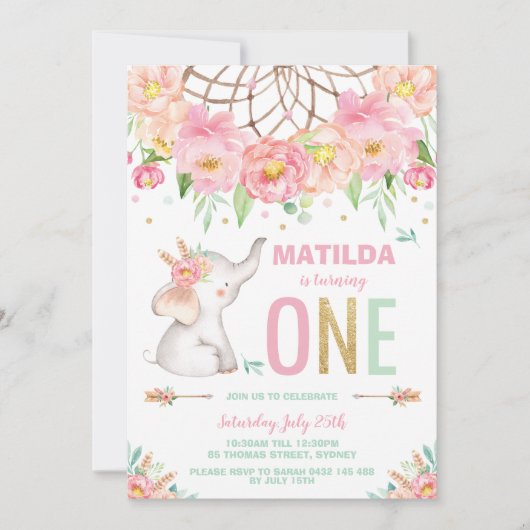 ゾウ1歳の誕生日ボホピンクフローラ 招待状 (正面)