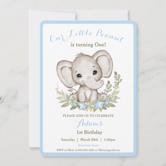 ゾウ1歳の誕生日ボーイ招待状カスタム時代 招待状 (正面)