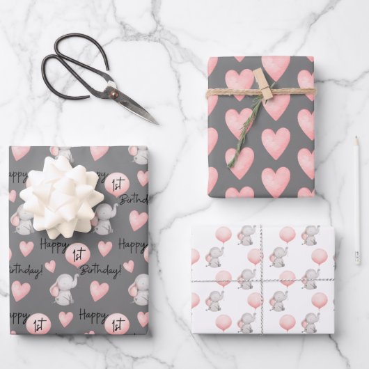 ゾウ1歳の誕生日ラッピング紙シート ラッピングペーパーシート (正面)