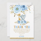 ゾウ1番目の最初の誕生日ブルーフローラ花 サンキューカード (正面)