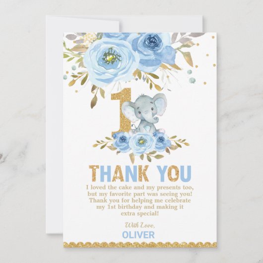 ゾウ1番目の最初の誕生日ブルーフローラ花 サンキューカード (正面)