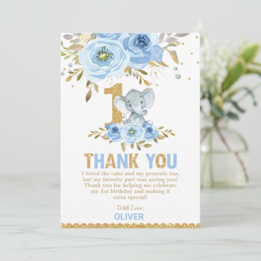 ゾウ1番目の最初の誕生日ブルーフローラ花 サンキューカード (スタンド正面)