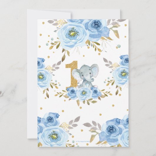 ゾウ1番目の最初の誕生日ブルーフローラ花 サンキューカード (裏面)