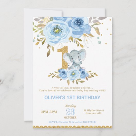 ゾウ1stバースデーブルーフローラボーイ 招待状 (正面)