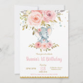 ゾウ1st誕生日招待状ガールピンクフローラ 招待状 (正面)