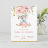 ゾウ1st誕生日招待状ガールピンクフローラ 招待状 (スタンド正面)